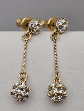 Vintage Monet Disco Ball Crystal Earrings Gold Tone 1” Elegant